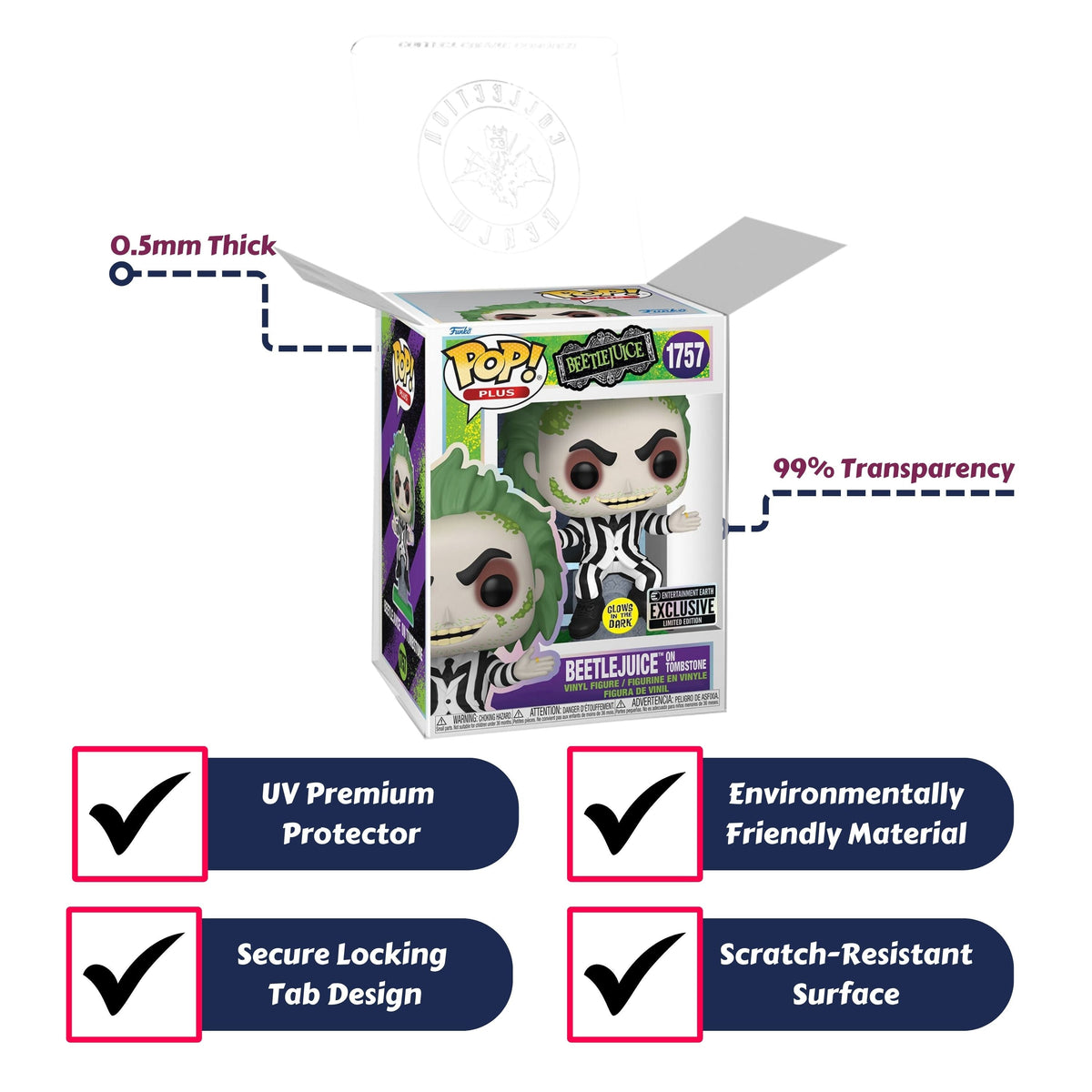 Beetlejuice on Tombstone Funko Pop! Plus - Approx. 4 1/2" Glows In The Dark Entertainment Earth Exclusive Collectible Vinyl Figure #1757 with Display Box Protector Case