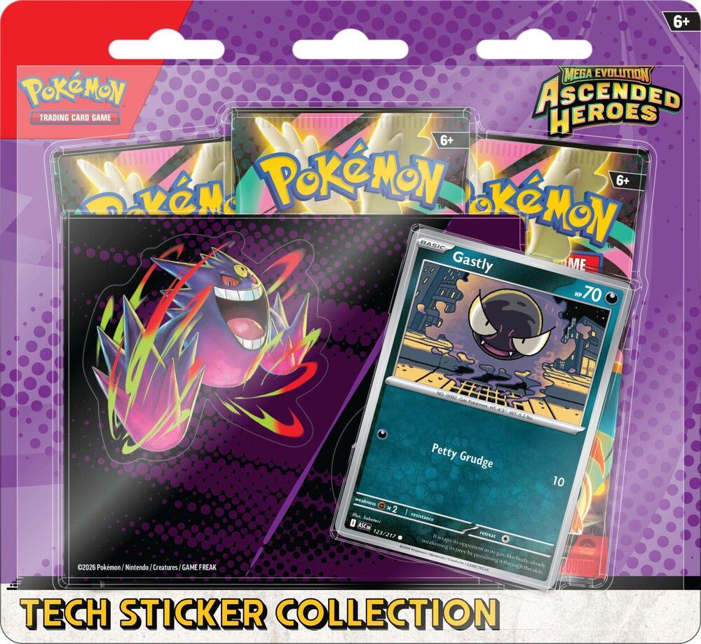 Pokemon TCG Mega Evolution Ascended Heroes Tech Sticker Collection - Gastly Foil Promo Card, Booster Packs, and Trading Cards for Collectible Card Games