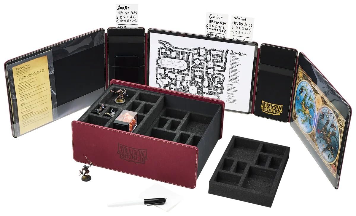 Dragon Shield Role Playing Game Master Companion Blood Red – Compatible with Official DND Spell Cards - 6 Foam Trays with Room for a Total of Over 40 Miniatures of Various Sizes