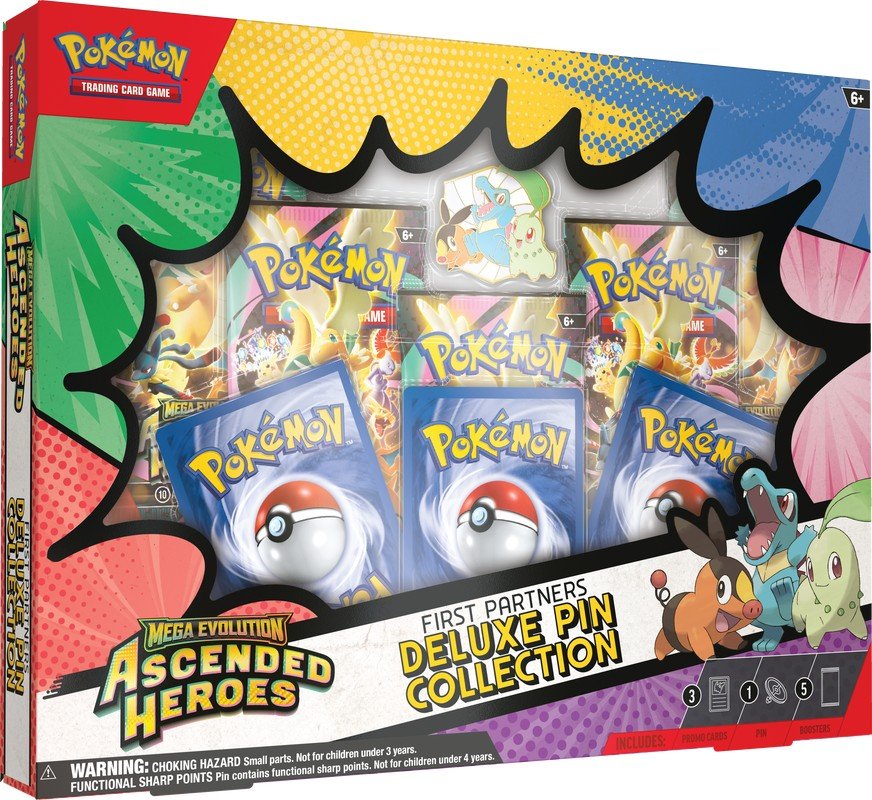 Pokemon TCG Ascended Heroes First Partners Deluxe Pin Collection Box Set with Booster Pack, Enamel Pin, Trading Cards for Deck Building, Collectibles & Display