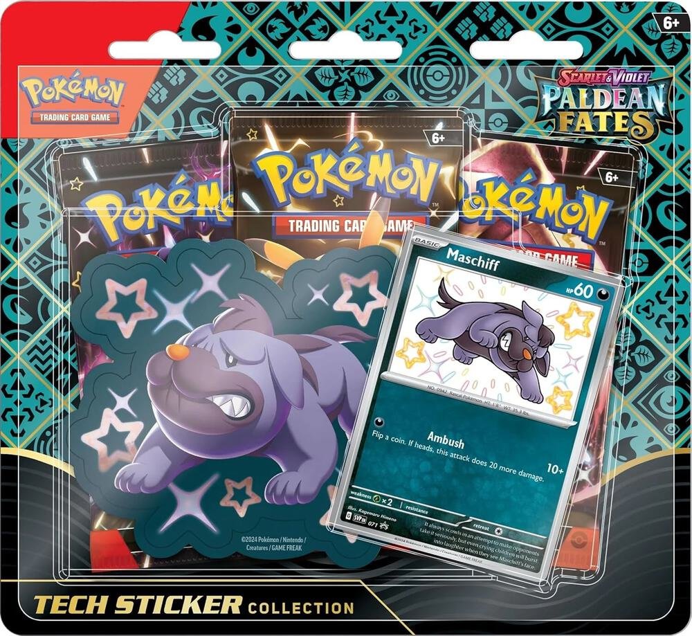 Pokémon TCG Scarlet & Violet Paldean Fates 3 Pack Tech Sticker Collection – Maschiff Promo Card