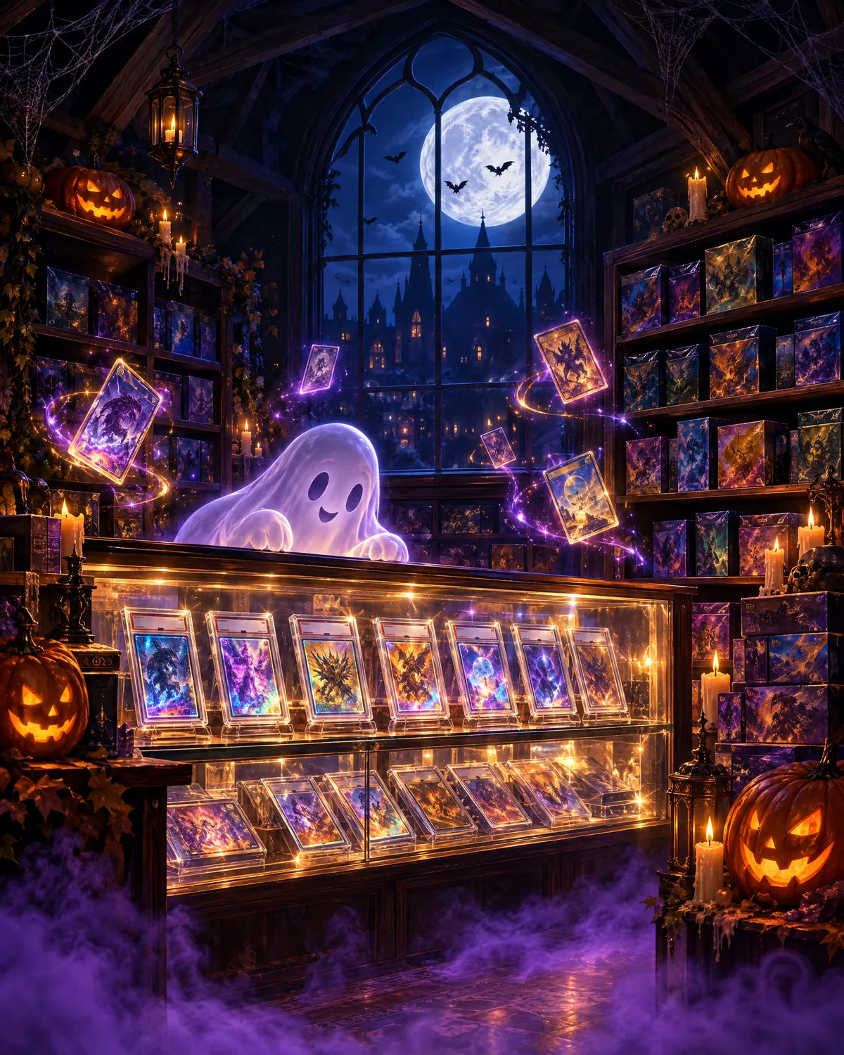 A haunted trading card shop at midnight: a friendly ghost behind a glowing display case of graded cards, jack-o'-lanterns and floating holo cards